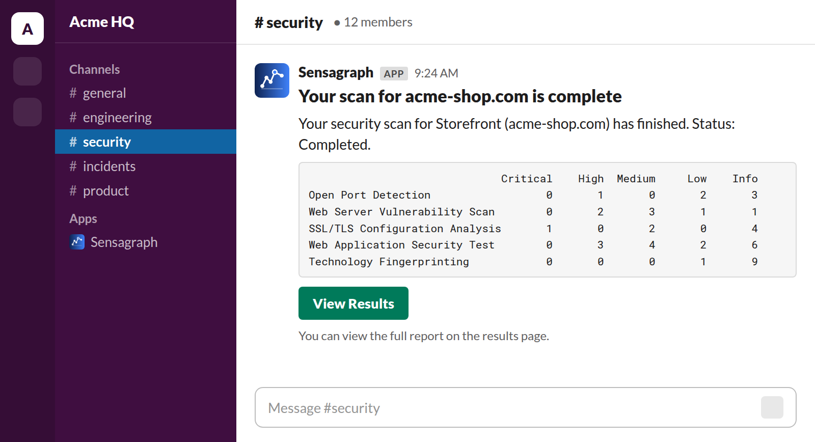 A finished Sensagraph scan announced in a Slack channel, with the severity counts for each tool and a View Results button.