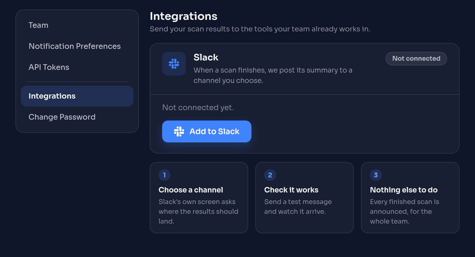 The Sensagraph Integrations settings page, showing the Slack panel and the Add to Slack button.
